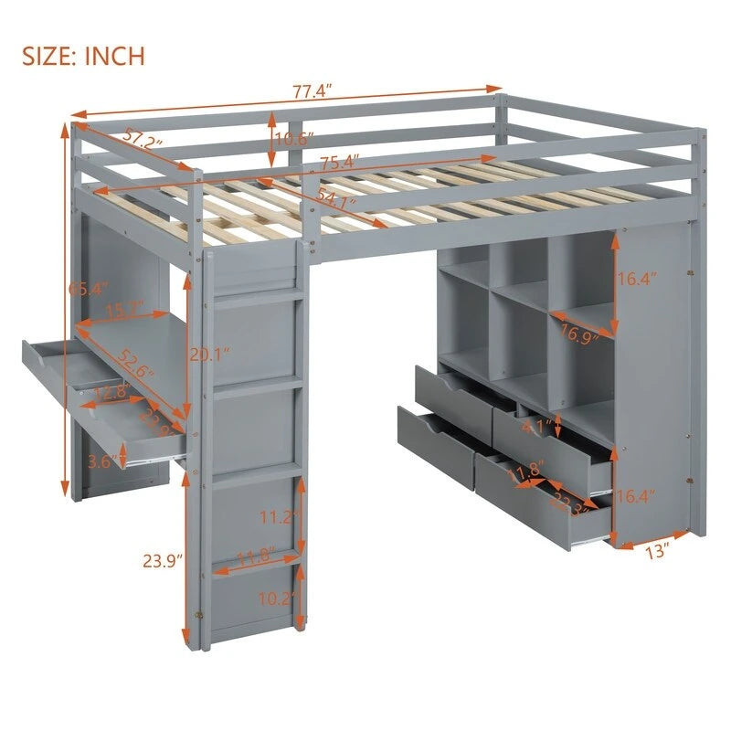 Full Size Wooden Loft Bed with large shelves, writing desk and LED Light