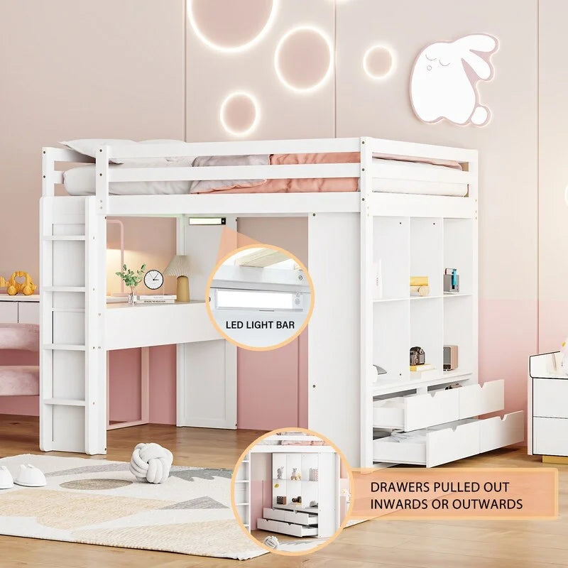 Full Size Wooden Loft Bed with large shelves, writing desk and LED Light