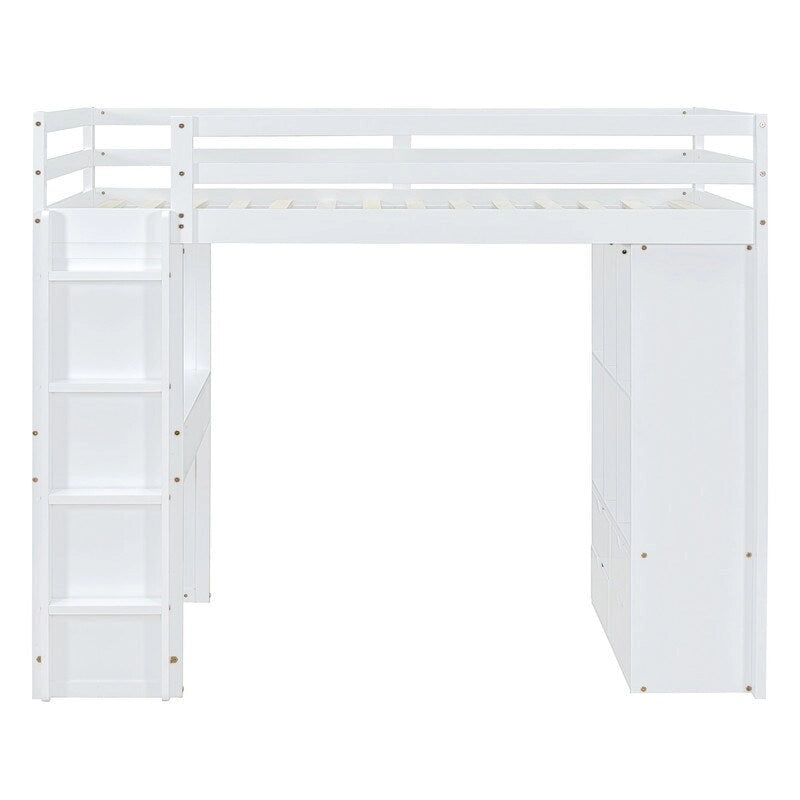 Full Size Wooden Loft Bed with large shelves, writing desk and LED Light