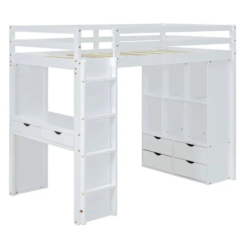 Full Size Wooden Loft Bed with large shelves, writing desk and LED Light