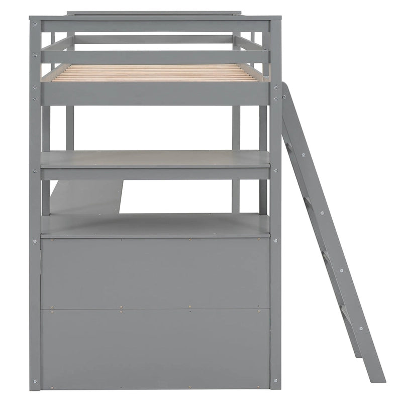 Hochbett mit Schreibtisch und Regalen, zwei integrierten Schubladen