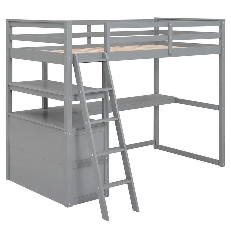 Hochbett mit Schreibtisch und Regalen, zwei integrierten Schubladen