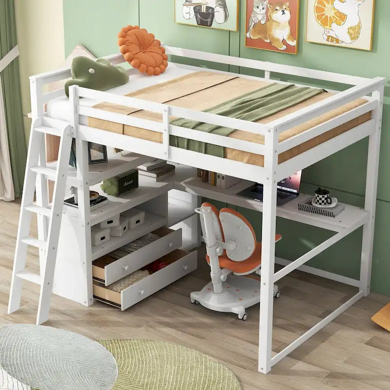 Hochbett mit Schreibtisch und Regalen, zwei integrierten Schubladen
