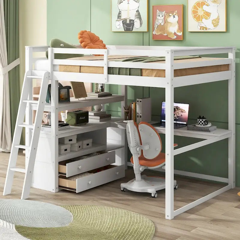 Hochbett mit Schreibtisch und Regalen, zwei integrierten Schubladen