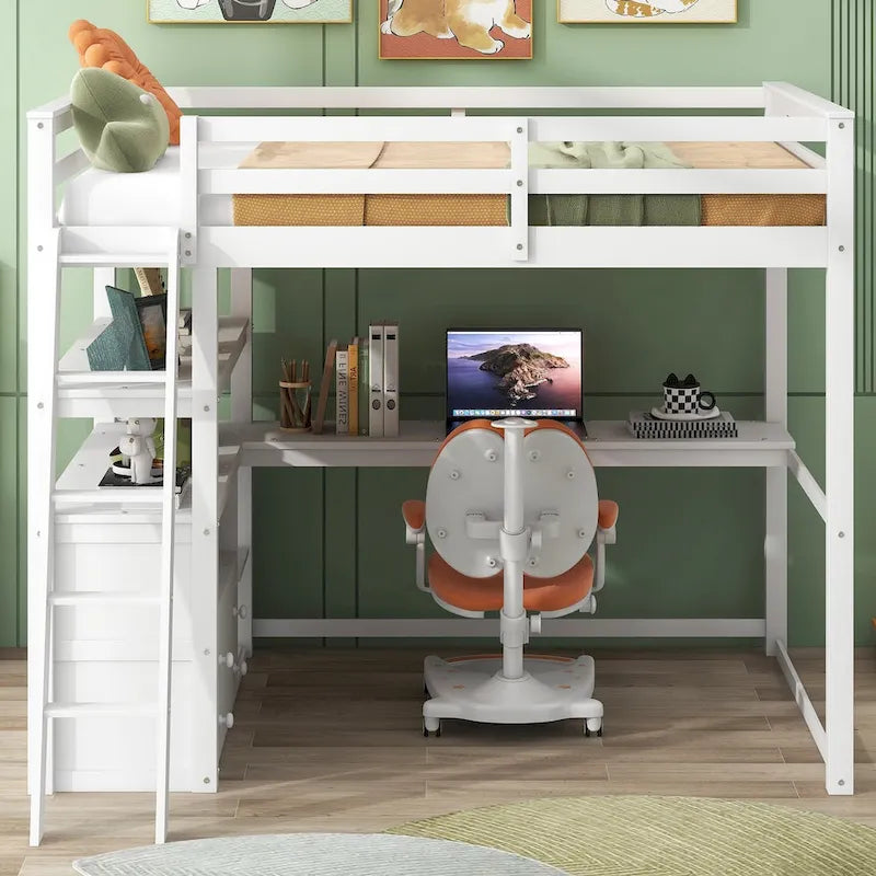 Hochbett mit Schreibtisch und Regalen, zwei integrierten Schubladen