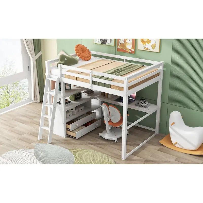 Hochbett mit Schreibtisch und Regalen, zwei integrierten Schubladen