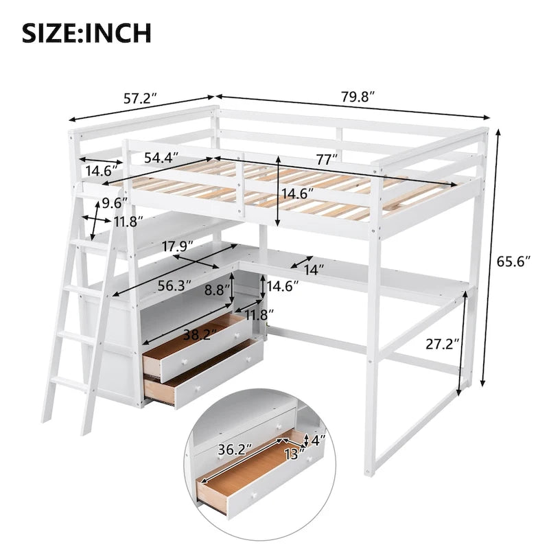 Hochbett mit Schreibtisch und Regalen, zwei integrierten Schubladen