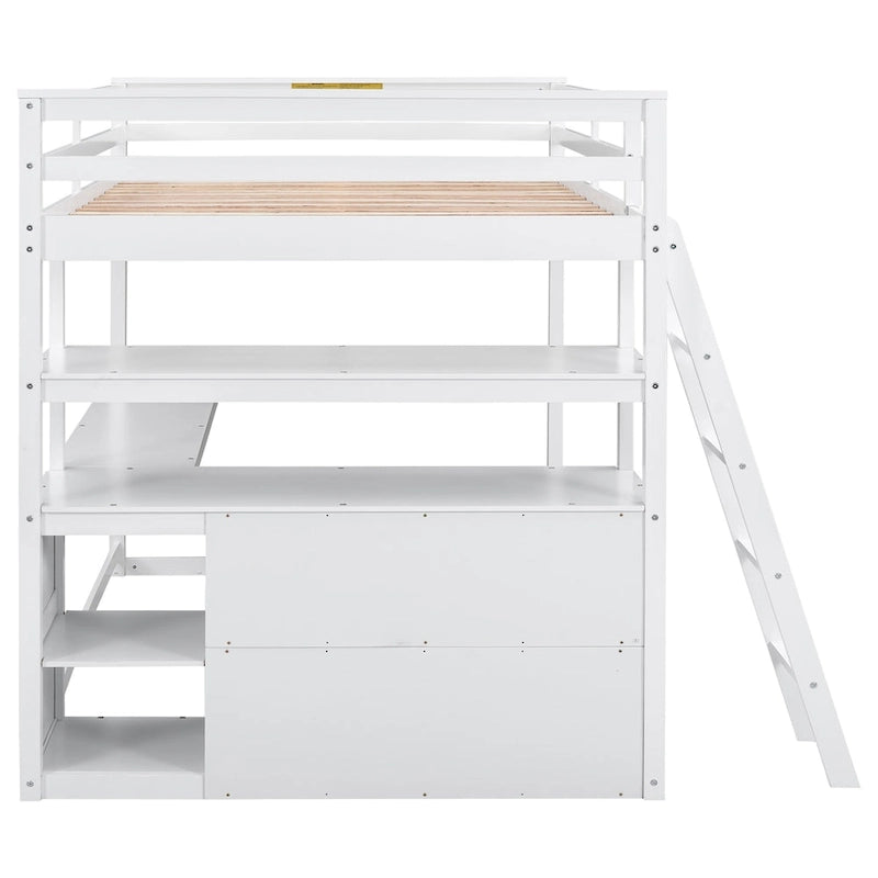 Hochbett mit Schreibtisch und Regalen, zwei integrierten Schubladen