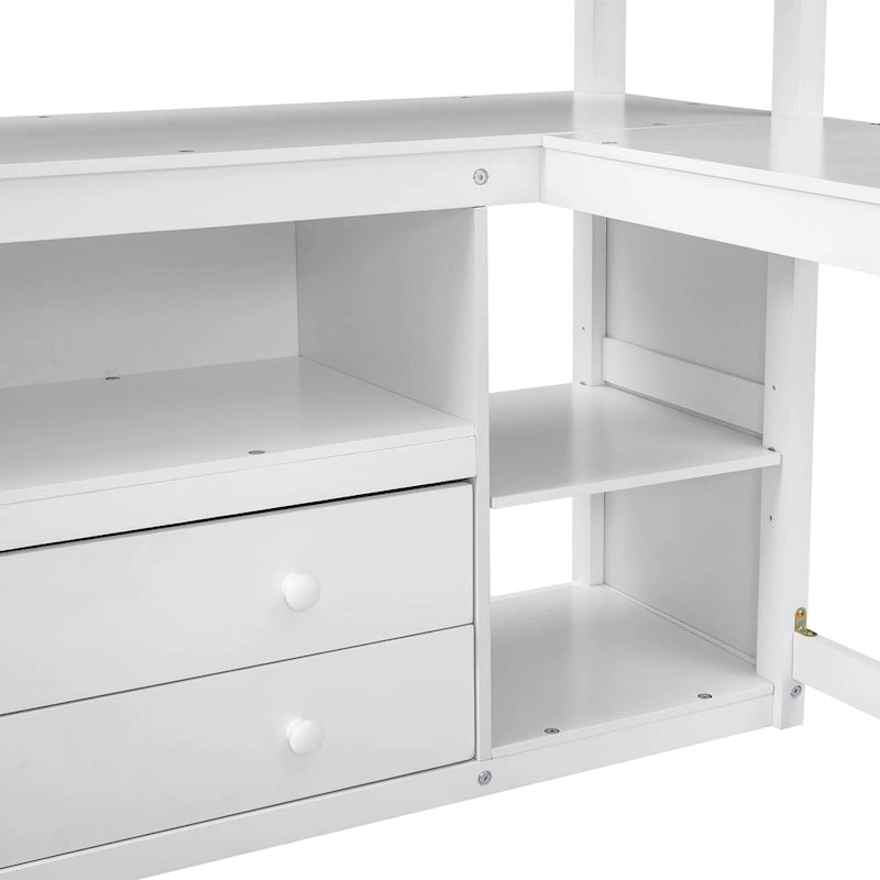 Hochbett mit Schreibtisch und Regalen, zwei integrierten Schubladen