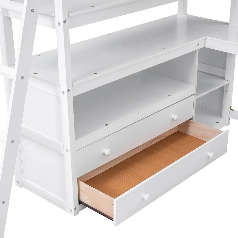 Hochbett mit Schreibtisch und Regalen, zwei integrierten Schubladen