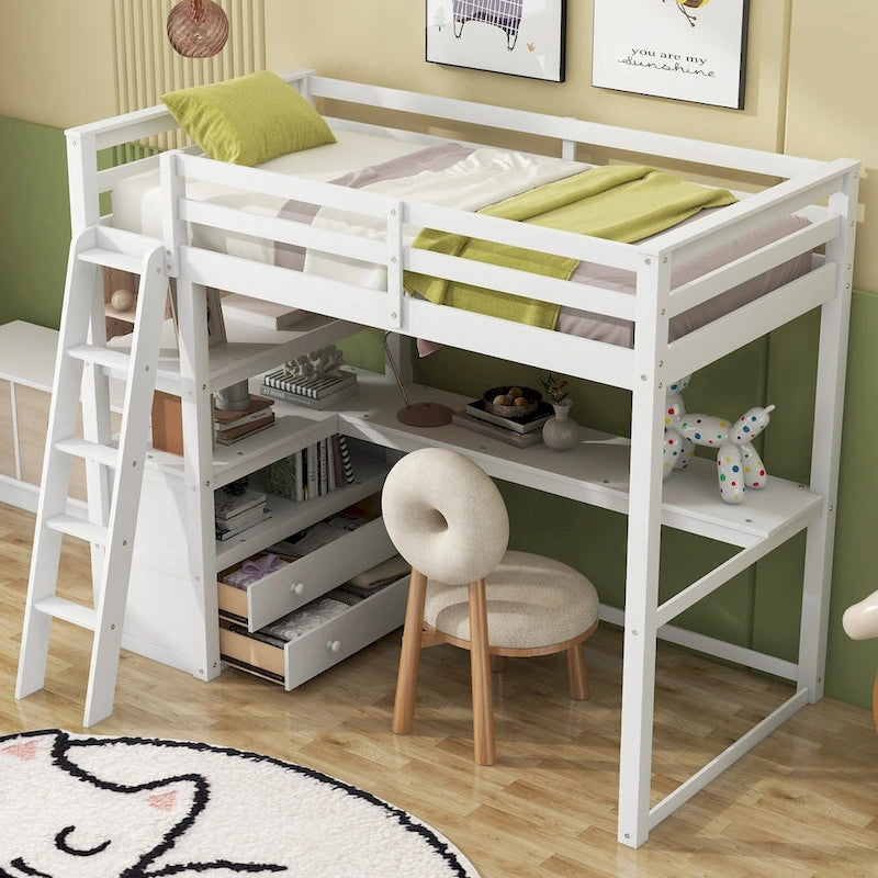 Hochbett mit Schreibtisch und Regalen, zwei integrierten Schubladen