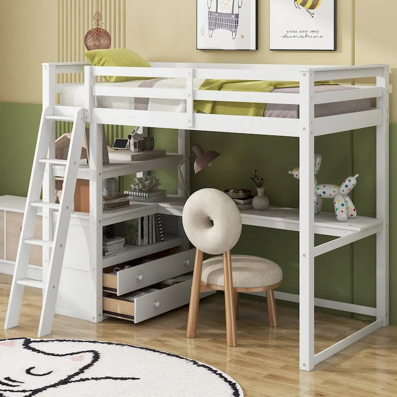 Hochbett mit Schreibtisch und Regalen, zwei integrierten Schubladen