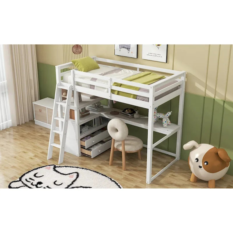 Hochbett mit Schreibtisch und Regalen, zwei integrierten Schubladen