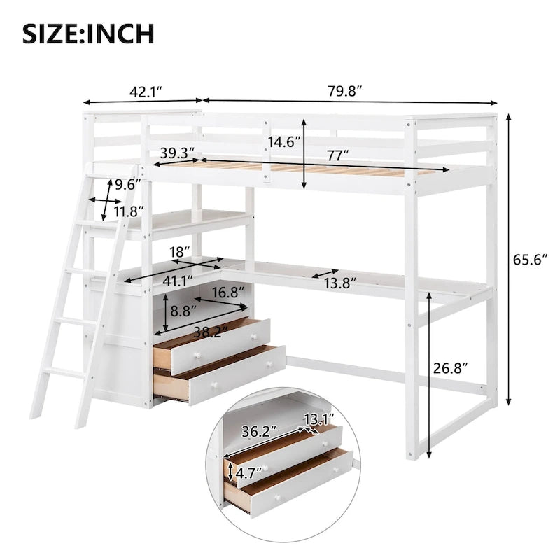 Hochbett mit Schreibtisch und Regalen, zwei integrierten Schubladen