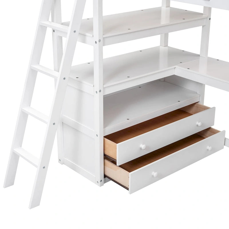 Hochbett mit Schreibtisch und Regalen, zwei integrierten Schubladen