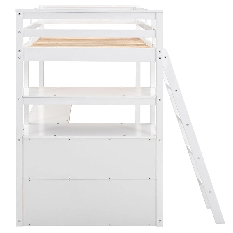 Hochbett mit Schreibtisch und Regalen, zwei integrierten Schubladen