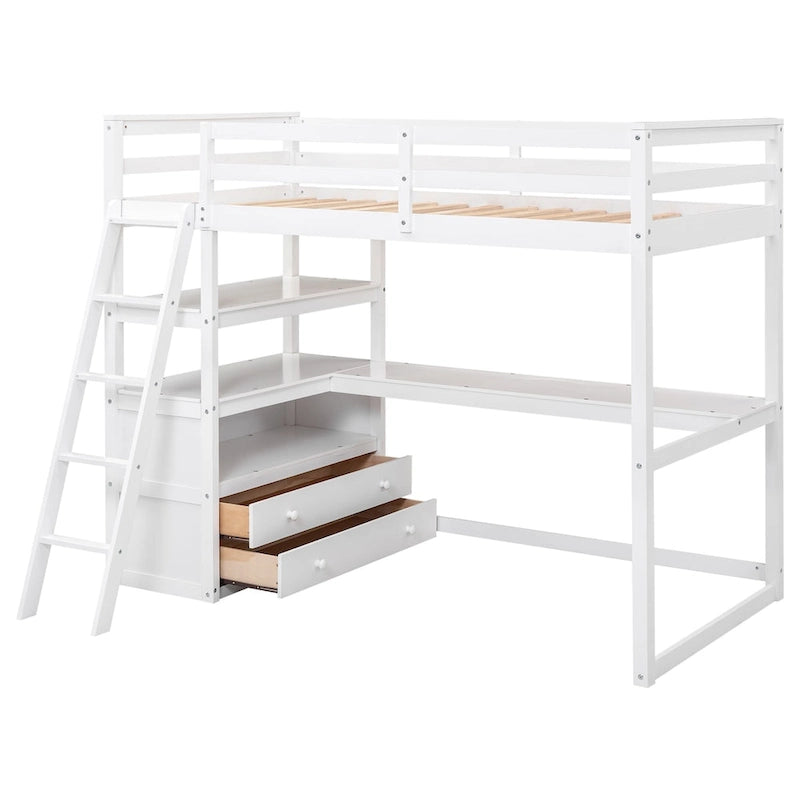 Hochbett mit Schreibtisch und Regalen, zwei integrierten Schubladen