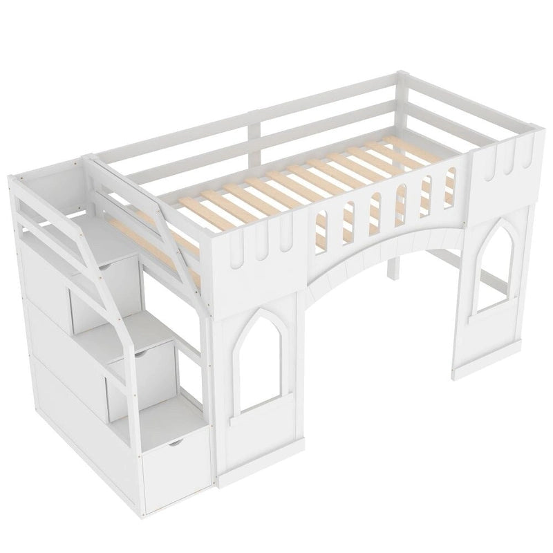 Letto a soppalco in legno per letto singolo con scala contenitore e finestra