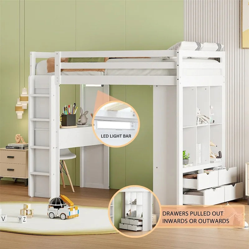 Hochbett in Twin-Größe mit großen Regalen, Schreibtisch und LED-Beleuchtung