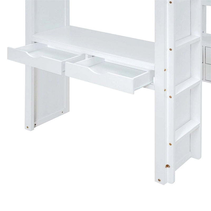 Hochbett in Twin-Größe mit großen Regalen, Schreibtisch und LED-Beleuchtung