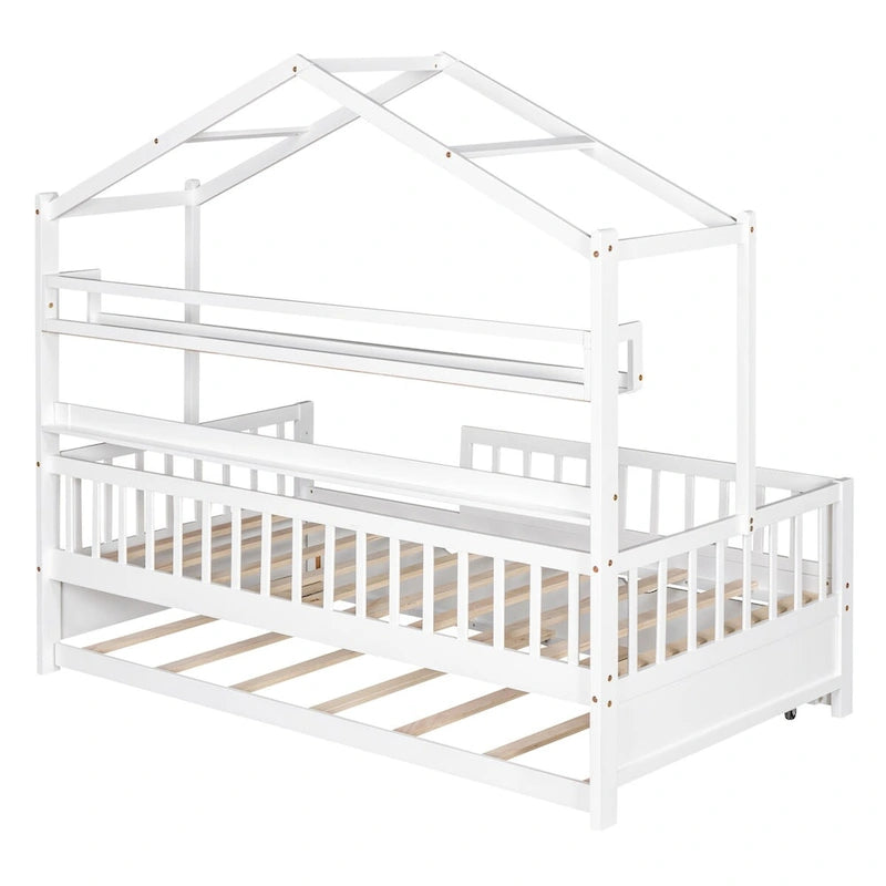 Weißes Hausbett aus Holz mit Twin-Ausziehbett und Ablagefach, umlaufendes Sicherheitsgitter