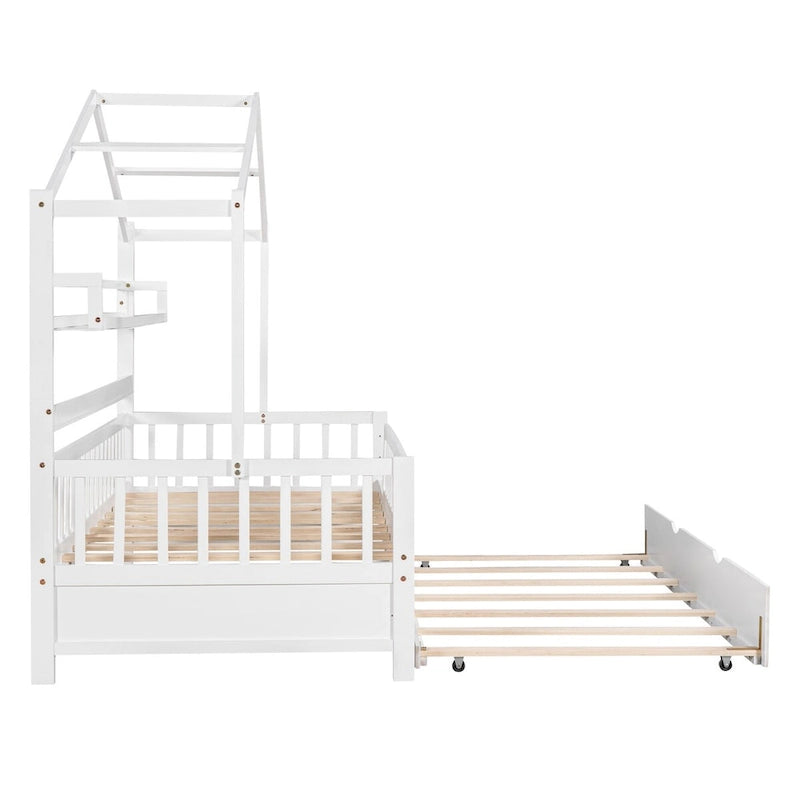 Weißes Hausbett aus Holz mit Twin-Ausziehbett und Ablagefach, umlaufendes Sicherheitsgitter
