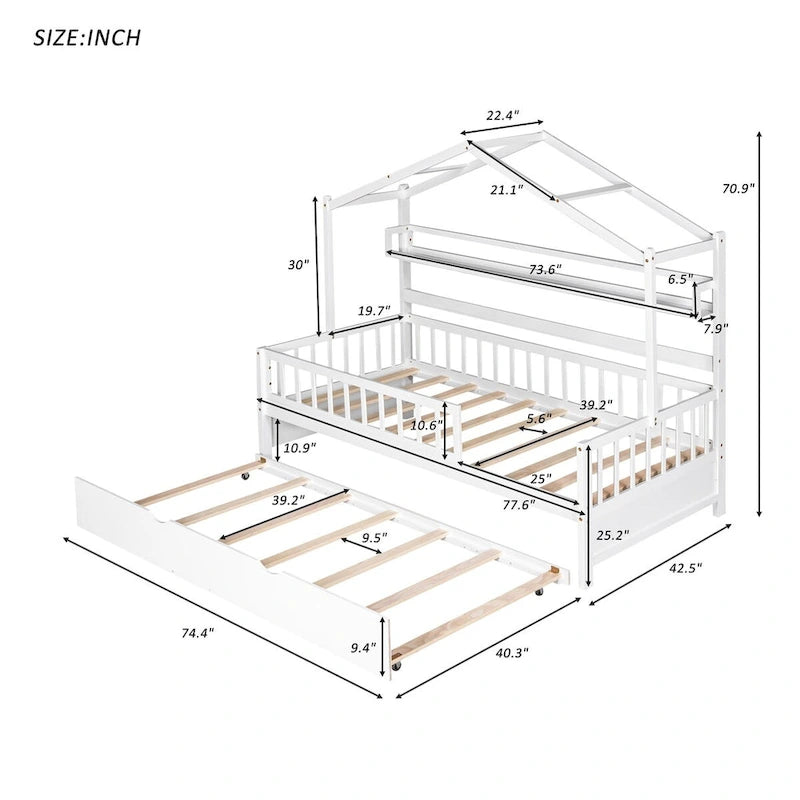 Weißes Hausbett aus Holz mit Twin-Ausziehbett und Ablagefach, umlaufendes Sicherheitsgitter