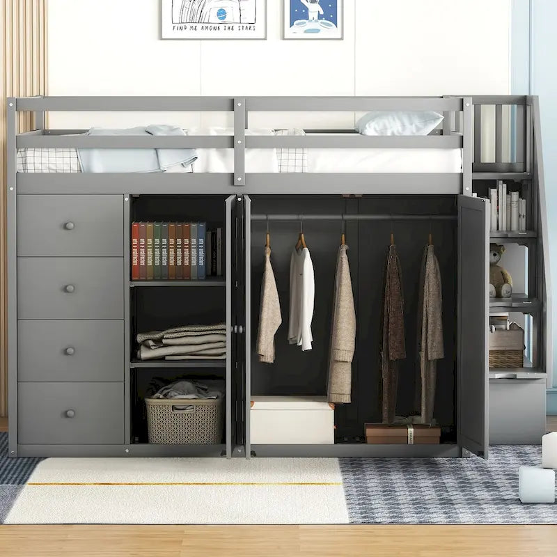 Hochbett aus Holz mit integrierten Kleiderschränken, Schränken und Schubladen