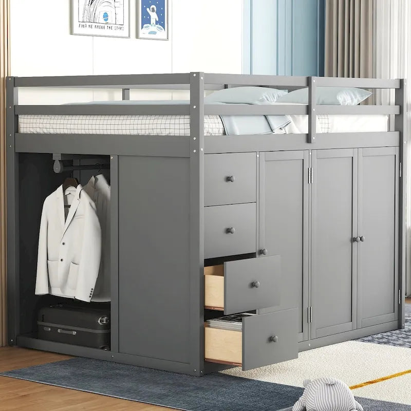 Hochbett aus Holz mit integrierten Kleiderschränken, Schränken und Schubladen
