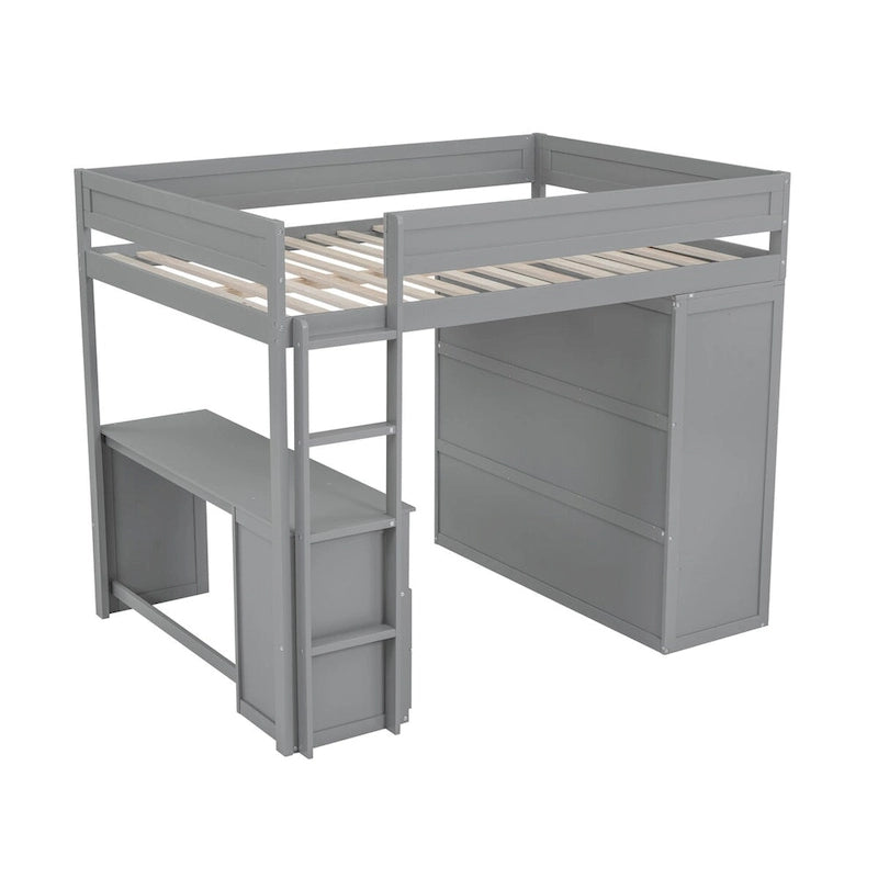 Hochbett aus grauem Kiefernholz mit Kleiderschränken, Schreibtisch mit 2 Schubladen und Schrank, umlaufendes Sicherheitsgitter