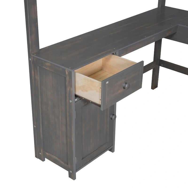 Hochbett mit U-förmigem Schreibtisch, Schubladen und Ablagefächern, Full-/Twin-Größe
