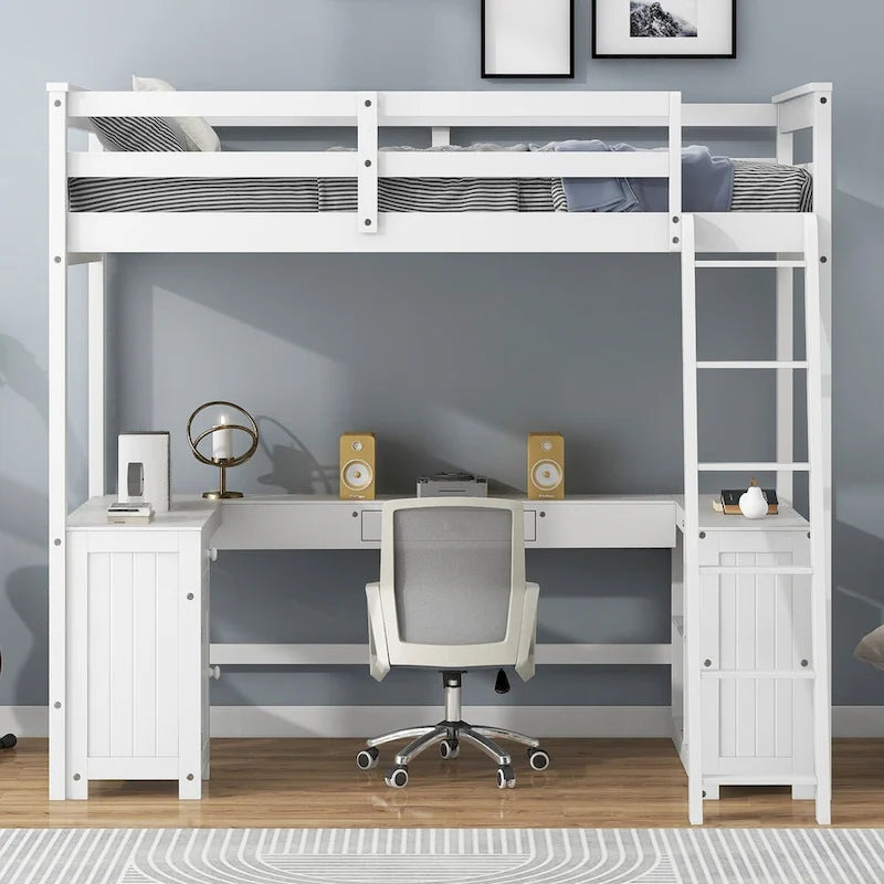 Hochbett mit U-förmigem Schreibtisch, Schubladen und Ablagefächern, Full-/Twin-Größe