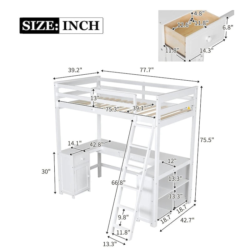 Hochbett mit U-förmigem Schreibtisch, Schubladen und Ablagefächern, Full-/Twin-Größe