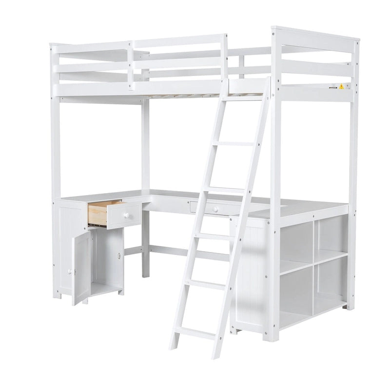 Hochbett mit U-förmigem Schreibtisch, Schubladen und Ablagefächern, Full-/Twin-Größe