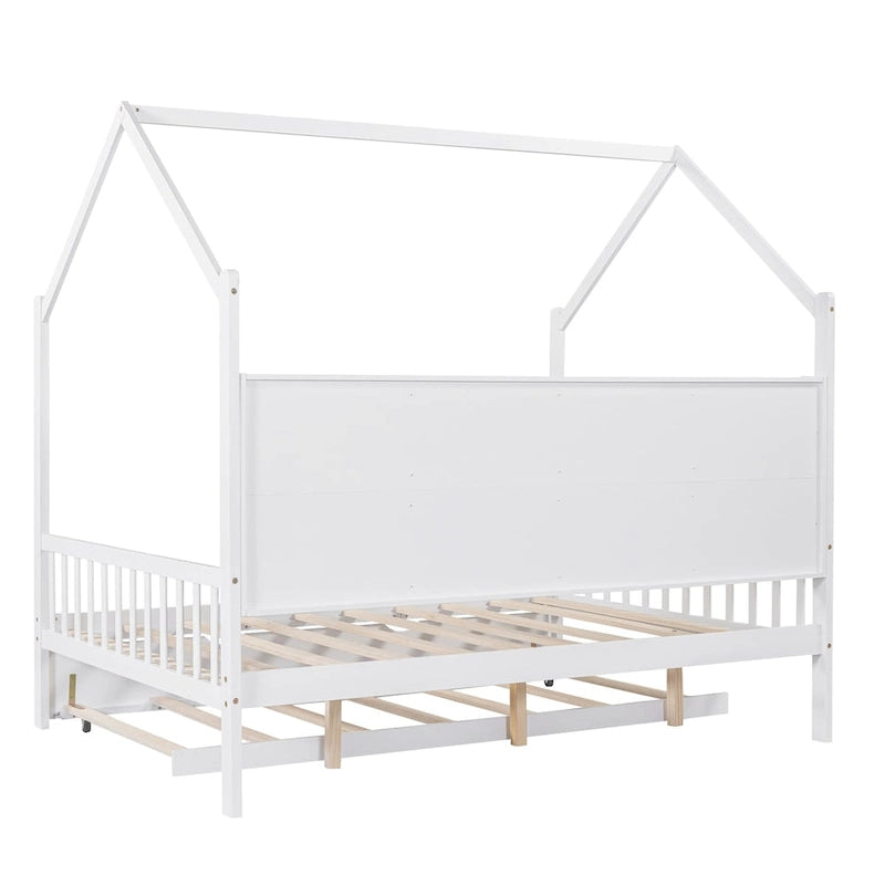 Weißes Kinderhausbett aus Holz mit Ausziehbett und Regal