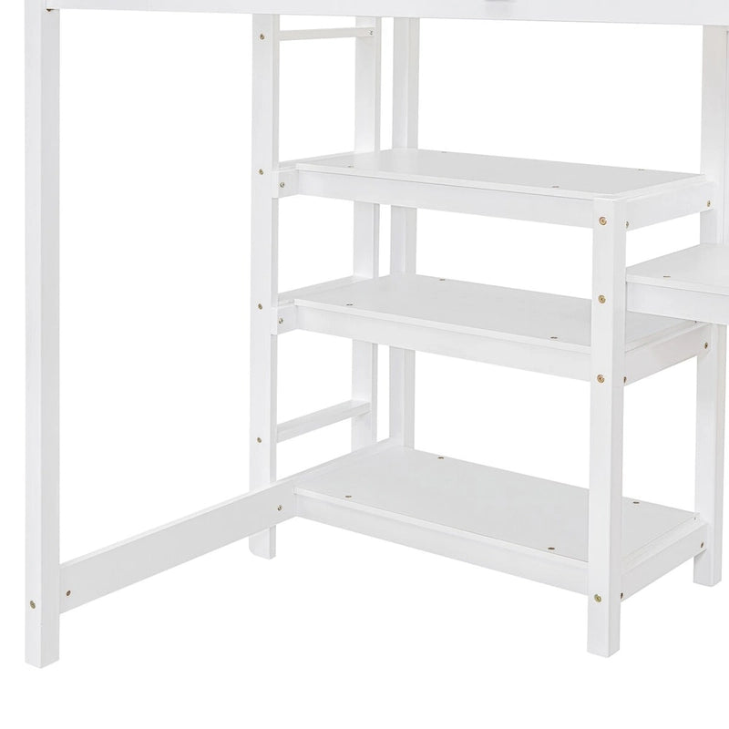 Lit mezzanine blanc en bois 1 place avec étagères, bureau, tableau d'écriture et barrière de sécurité