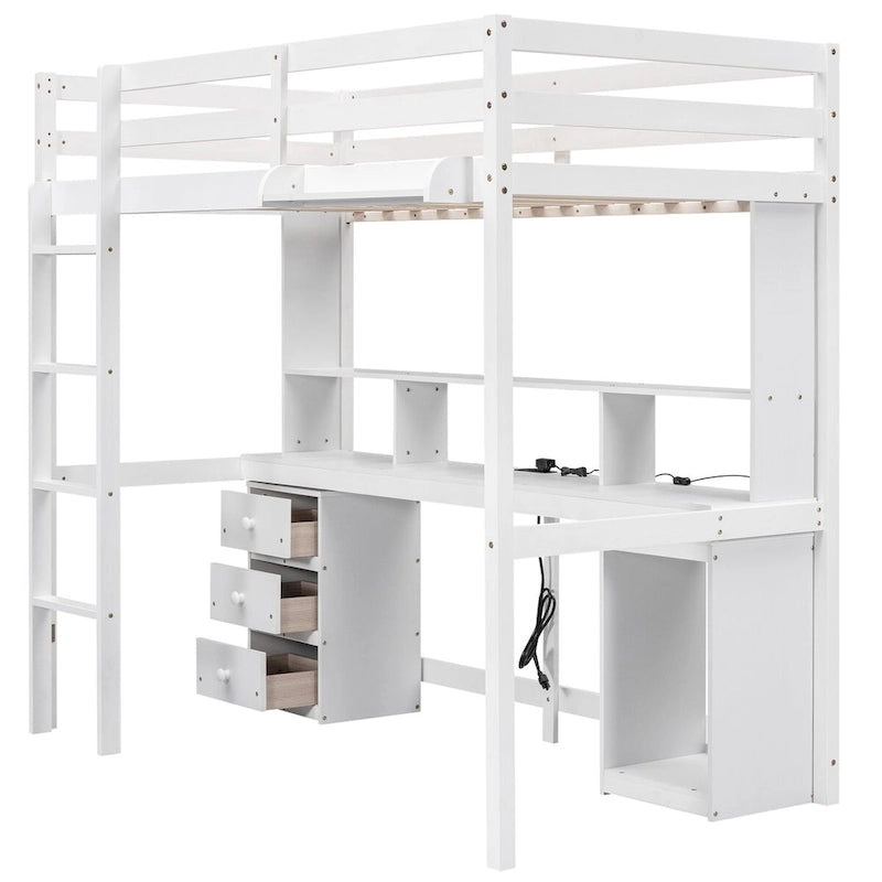 Letto a soppalco singolo/matrimoniale con scrivania multi-contenitore, luce LED e vassoio comodino, stazione di ricarica, bianco