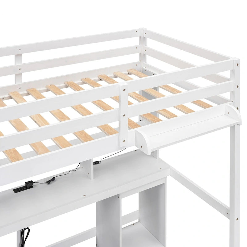 Letto a soppalco singolo/matrimoniale con scrivania multi-contenitore, luce LED e vassoio comodino, stazione di ricarica, bianco