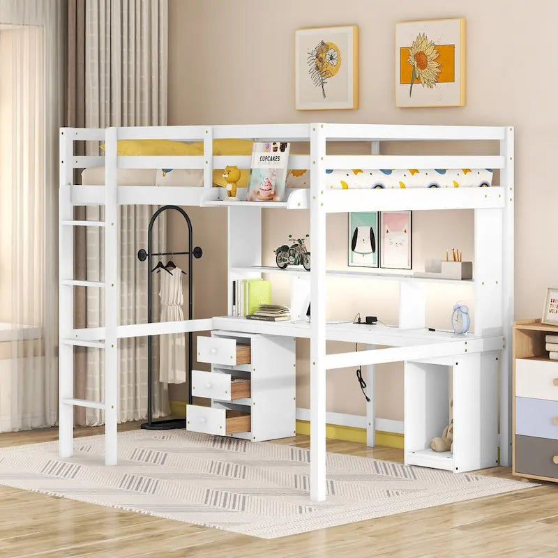 Letto a soppalco singolo/matrimoniale con scrivania multi-contenitore, luce LED e vassoio comodino, stazione di ricarica, bianco