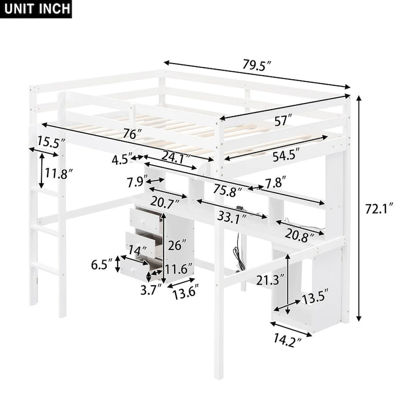 Letto a soppalco singolo/matrimoniale con scrivania multi-contenitore, luce LED e vassoio comodino, stazione di ricarica, bianco