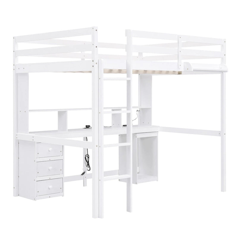 Letto a soppalco singolo/matrimoniale con scrivania multi-contenitore, luce LED e vassoio comodino, stazione di ricarica, bianco