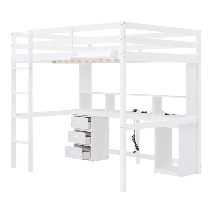 Letto a soppalco singolo/matrimoniale con scrivania multi-contenitore, luce LED e vassoio comodino, stazione di ricarica, bianco
