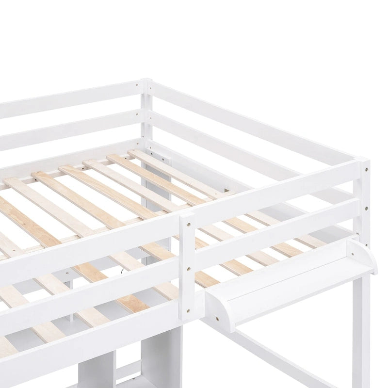 Letto a soppalco singolo/matrimoniale con scrivania multi-contenitore, luce LED e vassoio comodino, stazione di ricarica, bianco