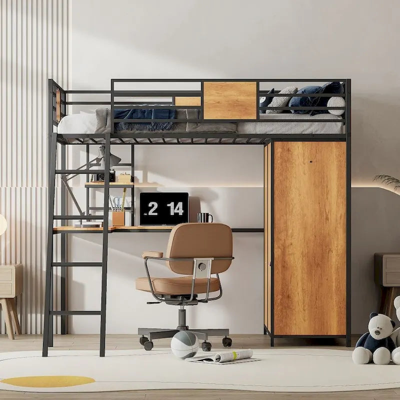 Hochbett in Twin-Größe mit L-förmigem Schreibtisch und Kleiderschrank