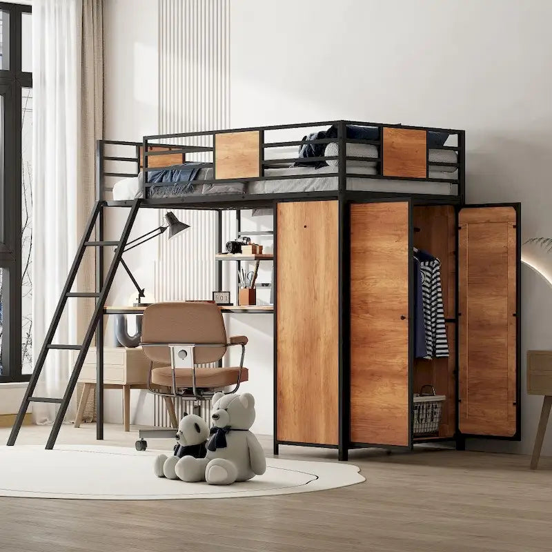 Hochbett in Twin-Größe mit L-förmigem Schreibtisch und Kleiderschrank