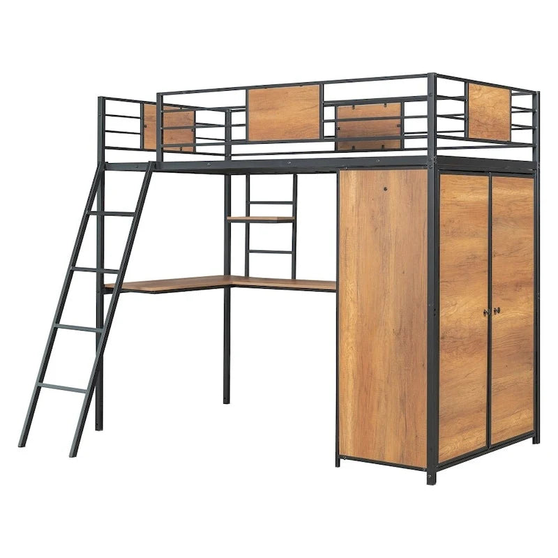 Hochbett in Twin-Größe mit L-förmigem Schreibtisch und Kleiderschrank