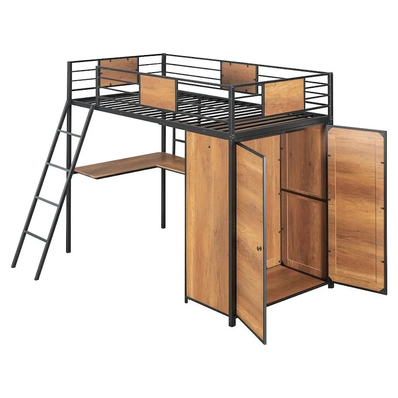 Hochbett in Twin-Größe mit L-förmigem Schreibtisch und Kleiderschrank