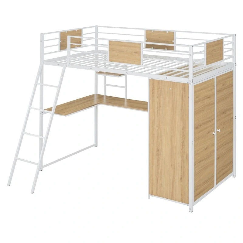 Hochbett in Twin-Größe mit L-förmigem Schreibtisch und Kleiderschrank