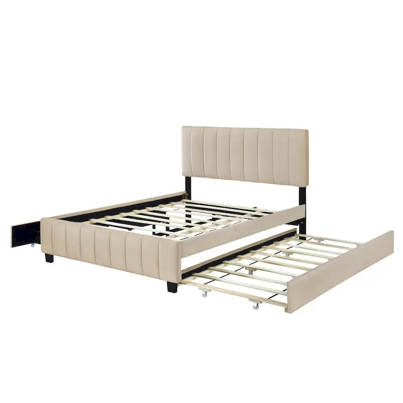 Plattformbett in Queen-Größe mit Samtpolsterung, 2 Schubladen und 1 Ausziehbett in Twin XL