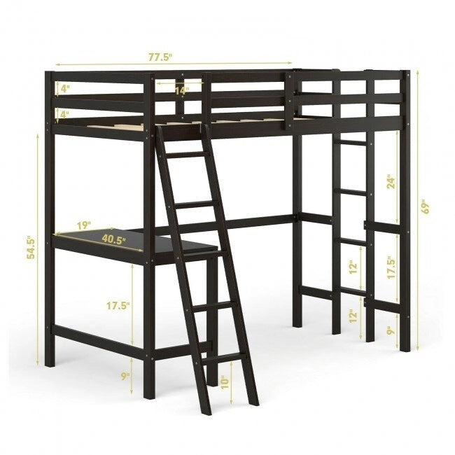 Twin Size Loft Bed Frame with Desk Angled and Built-in Ladder